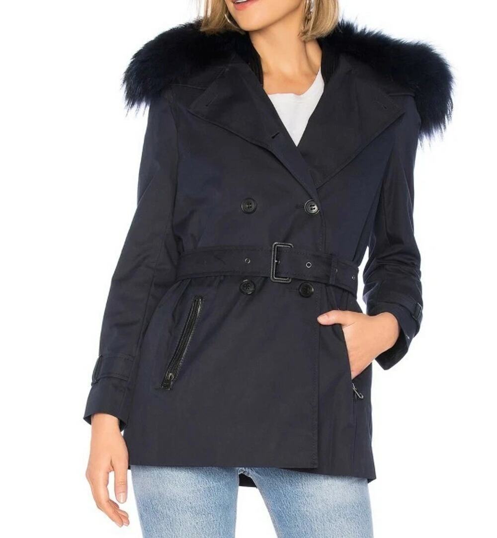 Mackage Frida Navy Trench Coat | XS | Fur Collar | Removable Vest | NWT